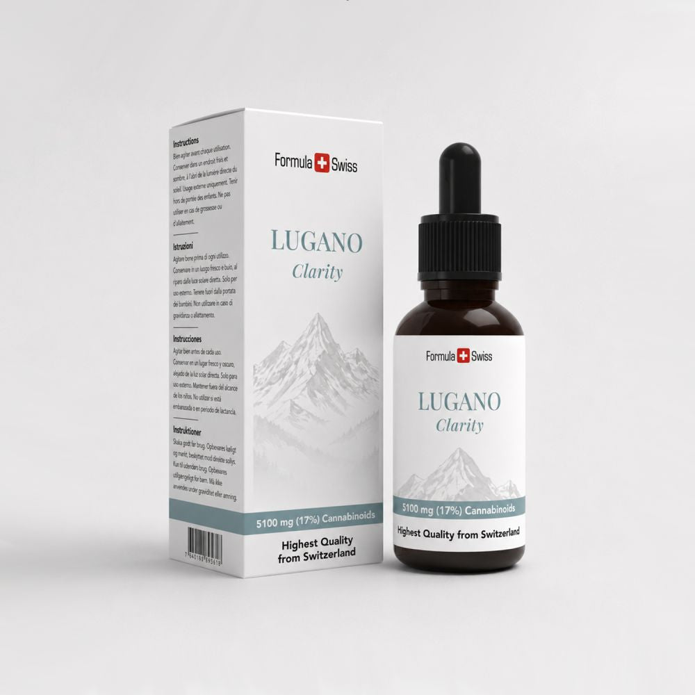Formula Swiss Lugano Clarity-flaske og emballage på hvid baggrund