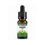 10 ml ravfarvet glasflaske med pipette fra Formula Swiss med 5 % fuldspektret Cannabidiol Raw CBD olie, sort pipettehætte og hvid etiket med grønne detaljer og cannabisblad.